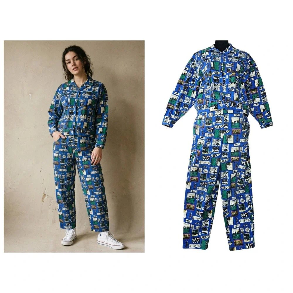 Vintage Crazy Horse 2 Piece Pant Set Womens Size 8 Rugby Comic Print Denim 90s